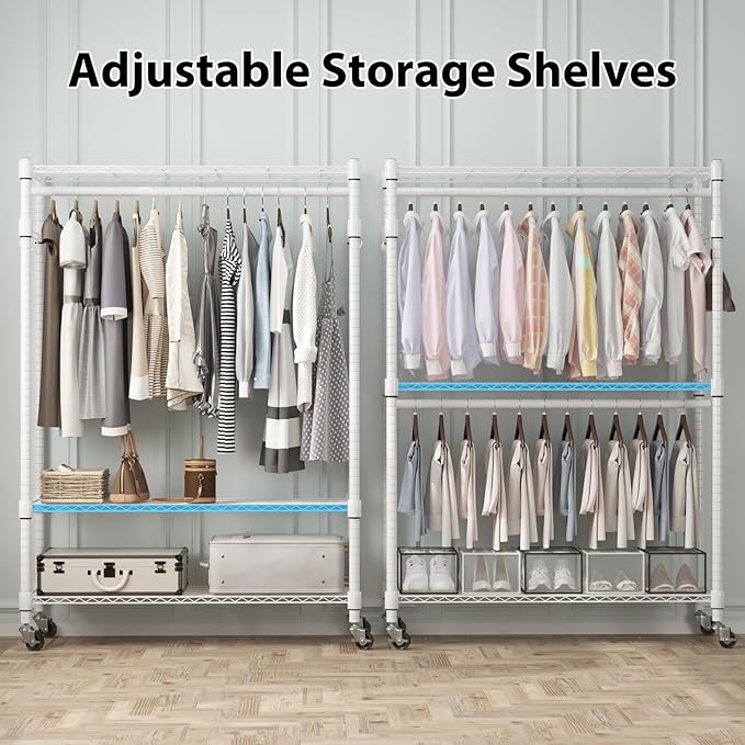 Homdox 3 Tier Heavy Duty Garment Rack with Wheels, Adjustable Wire Clothes Rack with Double Hanging Rods, Portable Closets for Hanging Clothes with Side Hooks, White
