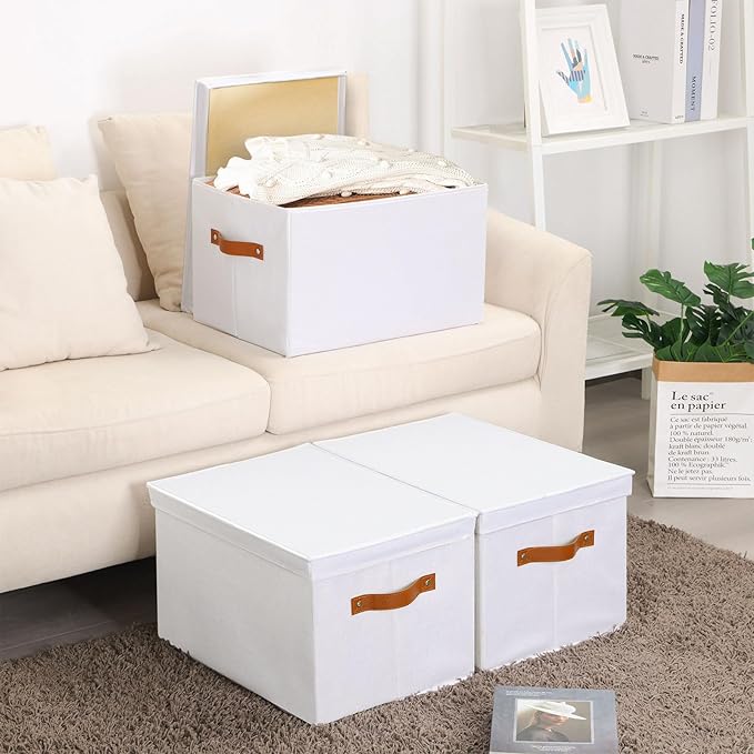 Fabric Storage Bins, Clothes Boxes for Shelves with Lids, Baskets for Organizing with Handles, Decorative Linen Closet Organizers, White, 3 Pack, 15 x 9.8 x 8.3 Inch