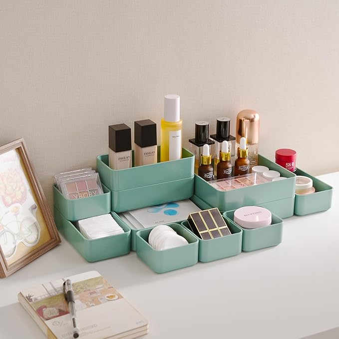 11-Piece Stackable Drawer Organizer Set, Multi-size Desk Drawer Organizer Trays Vanity Storage Bins for Storing Makeup, Stationery, Utensils in Bathroom Dresser, Office and Kitchen