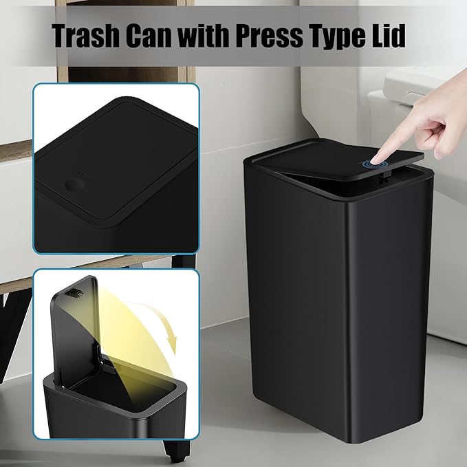 TIPGO Bathroom Trash Can with Lid, 10 Liter/ 2.6 Gallon Slim Garbage Can, Small Trash Bin Waste Basket with Pop-Up Lid for Kitchen, Bedroom, Living Room, Office (2 Pack, Black)