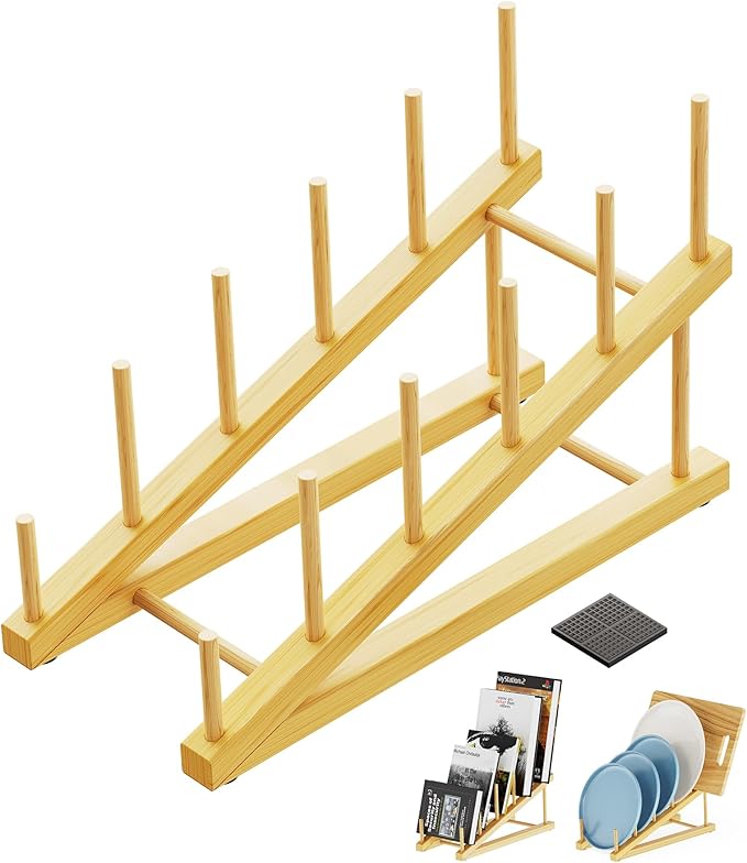 Bamboo Dish Drying Rack, 5 Slots Kitchen Organizer Craft Show Display Stand for Holds Plates, Bowls Cups, Cutting Boards, Pot Lids, Canvas, Books, Records, Artwork and Magazine