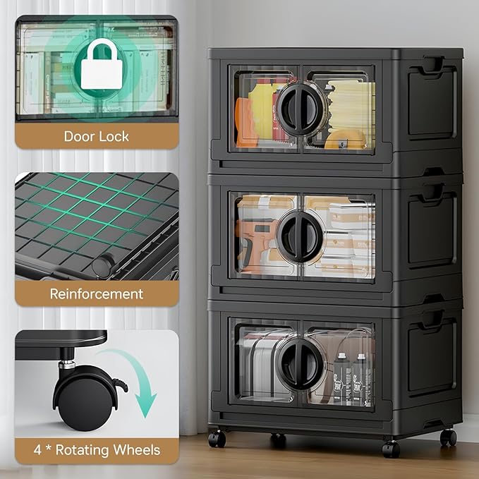 JEKO&JEKO 249Qt Lockable Stackable Storage Bins with Lids, Collapsible Closet Organizer with Wheels, Plastic Cabinet Drawer for Clothes, Dorm Room 3 Pack (Black)