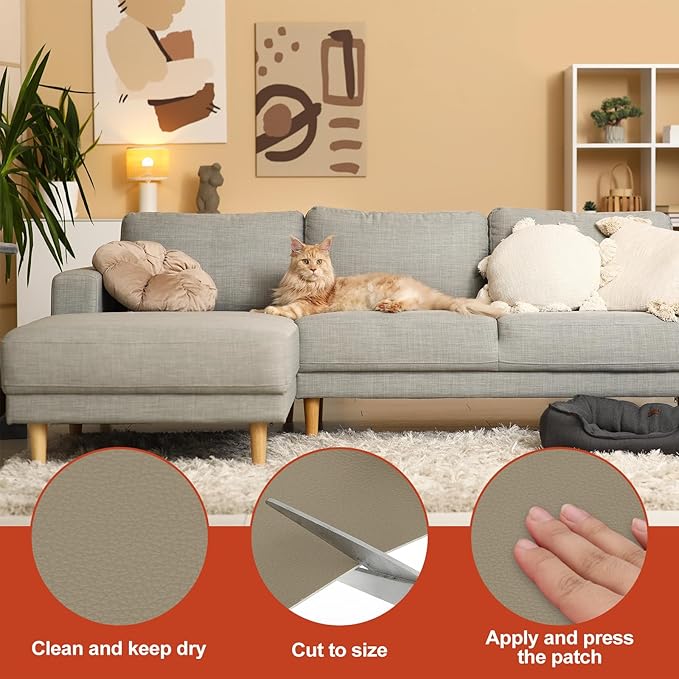 PATIKIL Leather Patches Tape for Furniture, 3.2 x 61 Inch Self Adhesive Vinyl Leather Repair Kit Cover Sheet for Couch, Sofa, Car Seats, Office Chair, Gray Khaki