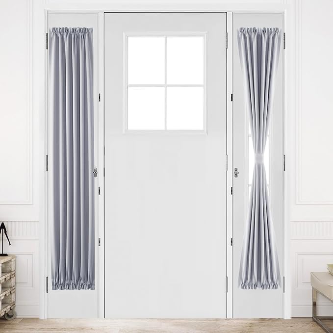 DWCN French Door Curtains – Rod Pocket Thermal Blackout Curtain for Doors with Glass Window, Kitchen and Patio Doors for Privacy, 12 X 72 Inches Long, 1 Curtain Panel with Tieback, Silver Grey