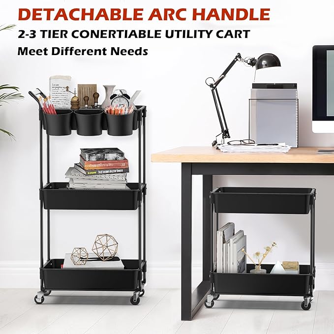 3-Tier Utility Rolling Cart,Mobile Utility Cart with Lockable Caster Wheels,Storage Shelves Organizer Cart, 3 Hanging Baskets, Easy Assembly,for Bathroom, Kitchen, Office, Workshop