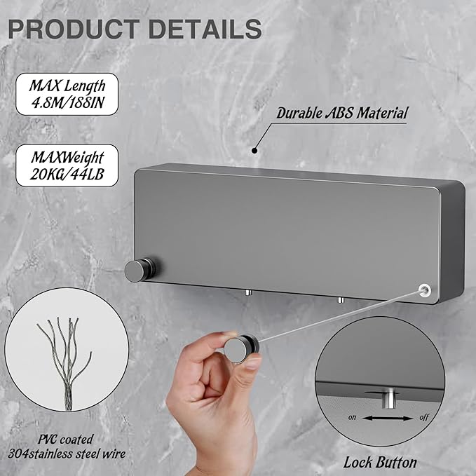 Retractable Clothesline Indoor, Non-Sagging Clothes line retracting Outdoor, Heavy Duty Wall Mounted Laundry Line Adjustable Stainless Steel for Laundryroom, Bathroom, 15.8 Feets Double Lines Grey