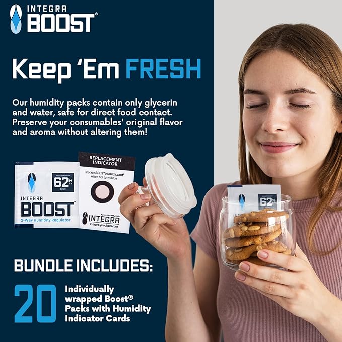 Integra Boost 2-Way Humidity Control Pack – Patented Technology for Humidity Control – Preserve Flavor & Maintain 62% RH – Moisture Absorber for Herbs, Spices & More – 2 Gram (Pack of 6)