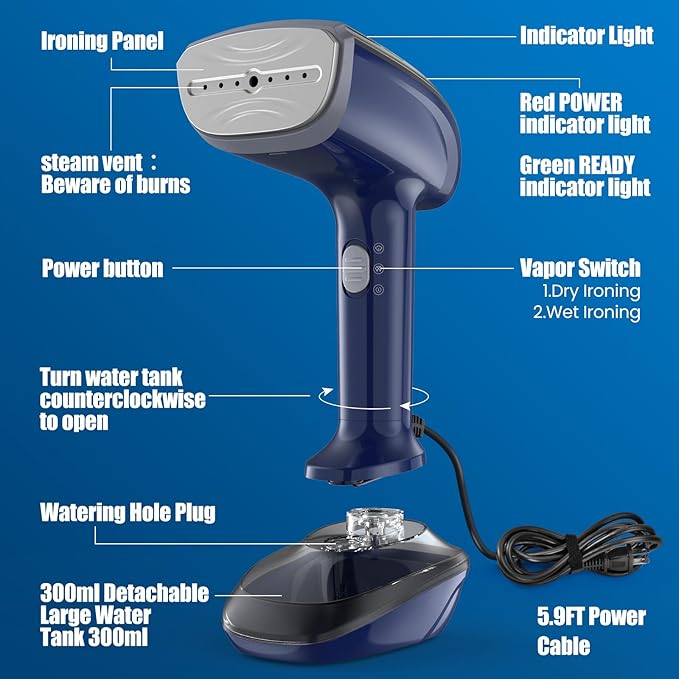 Powerful Handheld Fabric Steamer - 1800W with Fast Ceramic Heat-Up Plate, 2-in-1 Ironing & Wrinkle Remover, Steam Nozzle, Lint Brush - Blue, for US 120V Only