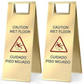 Kigley 2 Pcs Wet Floor Sign, 24 Inch Stainless Steel Caution Wet Floor Sign Double Sided Portable Foldable Bilingual Safety Warning for Hotel Market Restroom Restaurant Office (Gold)