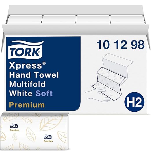 Tork Xpress Paper Towel Dispenser and Tork Extra Soft Multifold Hand Towel White with Blue Leaf Print