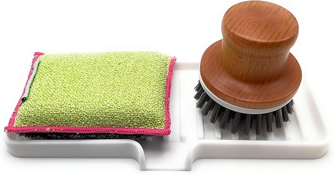 Happitasa Silicone Soap Dish Tray and Sponge Holder with Drain Chute | Bathroom and Kitchen Sink Organizer Caddy (White, 9"x3.5", 5.6 Ounces)