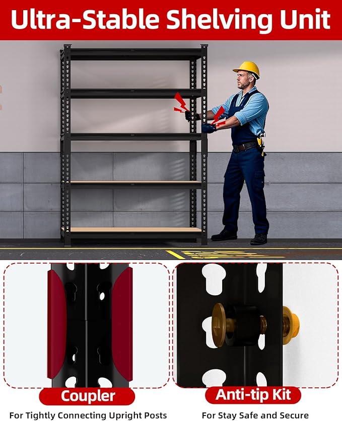 PrimeZone 35.5" x 12" x 72" Heavy Duty Storage Shelves - 5 Tier Adjustable Garage Storage Shelving, Metal Storage Utility Rack Shelf Unit for Warehouse Pantry Closet Kitchen, Black, 2 Pack