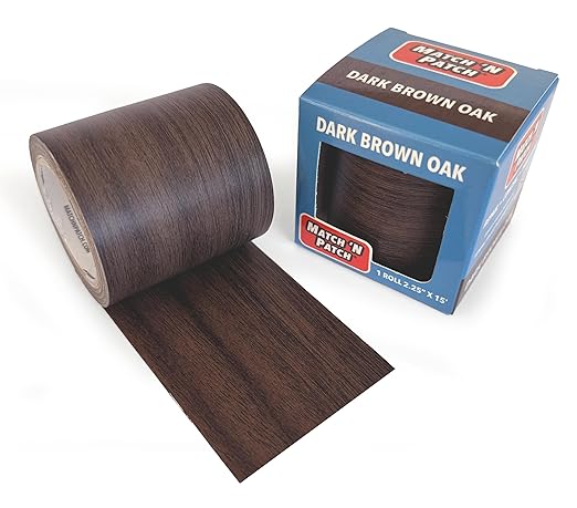 MATCH 'N PATCH Realistic Wood Grain Repair Tape - Durable Multi-Use Adhesive Tape for Furniture, Floors, Cabinets, Windows, Doors, RV, Home Decor & DIY Projects - Dark Brown Oak, 2.25 inch x 15 feet