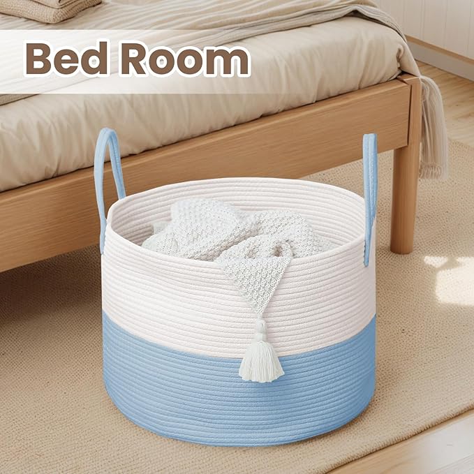 Woven Blanket Basket,115L Large Rope Storage Bin with Handles, Organizer for Blankets Toys Book and Clothes, Laundry Basket for Living Room Bedroom Nursery,White&Blue