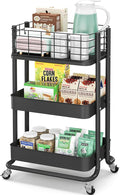 KINGRACK 3 Tier Rolling Cart, Metal Mobile Storage Shelf with Lockable Wheels, Utility Trolley Cart with Wheels, Storage Organizer for Kitchen, Office, Bathroom, Dorm, Black