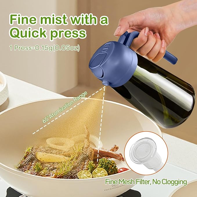 YARRAMATE 16oz/470ml Dark Green Oil Sprayer for Cooking with Stickers, Food-grade Premium 2 in 1 Olive Oil Dispenser Bottle for Kitchen Gadgets, Air Fryer, Salad, Frying, BBQ (Navy)