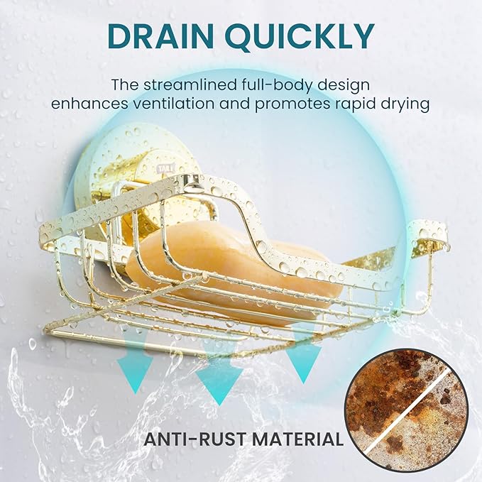 TAILI Soap Holder Bar Dish Suction Cup, Bar Shampoo Rack for Shower Wall, Draining Soap Saver Tray for Bathroom, Rustproof Stainless Steel Sponge Holder for Tub, Kitchen, Drill-Free, Gold