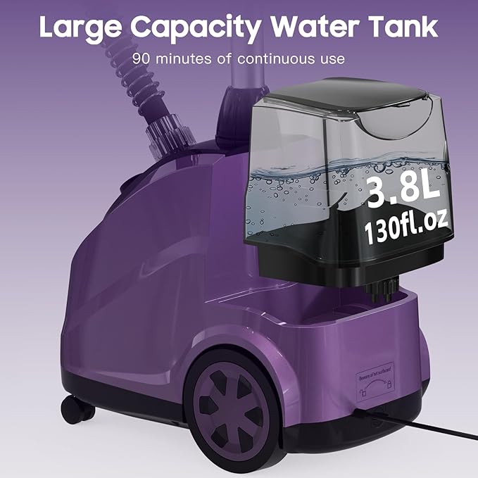 X-Large 3.8L Water Tank Steamer for Clothes, 1500W Powerful Standing Garment Steamer, 90 Mins Continuous Steaming, 45s Fast Heat-Up, Wheels for Easy Movement