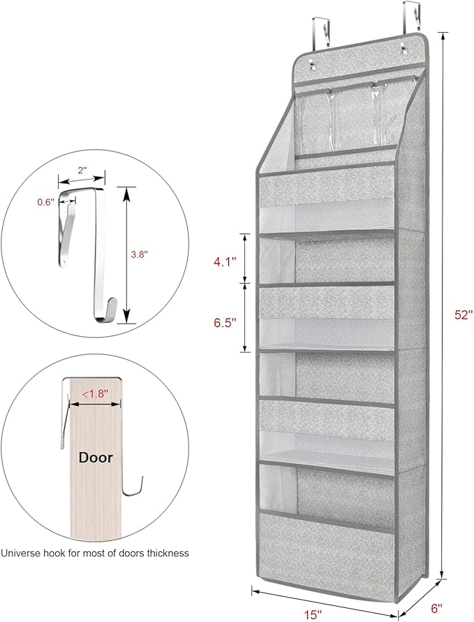 Univivi 5-Shelf Door Storage Over Door Hanging Organizer with 4 Large Pockets and 3 Small PVC Pockets Nursery Closet Cabinet Wall Mount Hanging Storage Organizers for Baby Nursery (Grey Pattern)