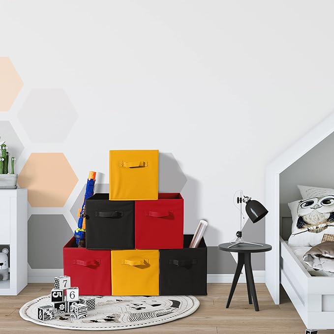 Sorbus Storage Cubes - 11" Foldable Storage Bins with Handle for Nursery, Playroom, Closet Organizers and Storage - 6 Fabric Shelf Basket for Toys, Books, Clothes - Yellow Navy & Red Storage Bins