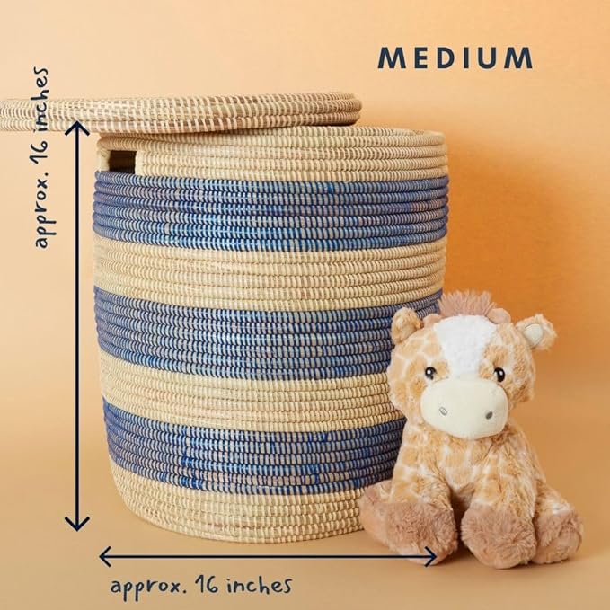 Storage & Organization - Basket, Laundry Hamper, Nursery Toys Bin, Living Room Blankets Storage, Decorative, Wicker, Woven, Sturdy, Round, Handles, Navy Blue, Large