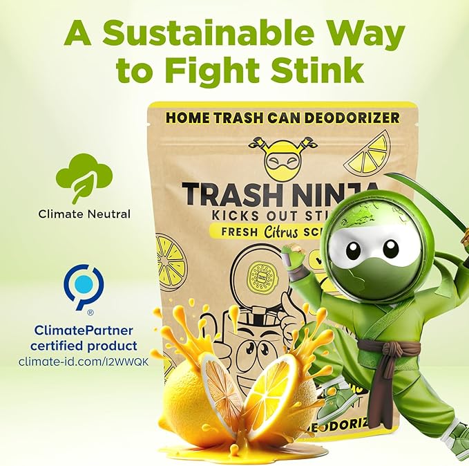 Trash Ninja Trash Odor Eliminator – Long-Lasting Citrus Scent Deodorizer with Activated Charcoal, Stick-On Freshener for Garbage Can, Fridge, Bathroom, Kitchen, and Diaper Pail Odors