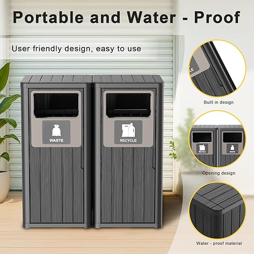 ROJIK 35" Tall Outdoor Trash Can,Weatherproof Resin Garbage Indoor Durable Lightweight,Suitable for Patio Office Kitchen,Easy to Clean,Assemble(Waste&Recycle, Black)