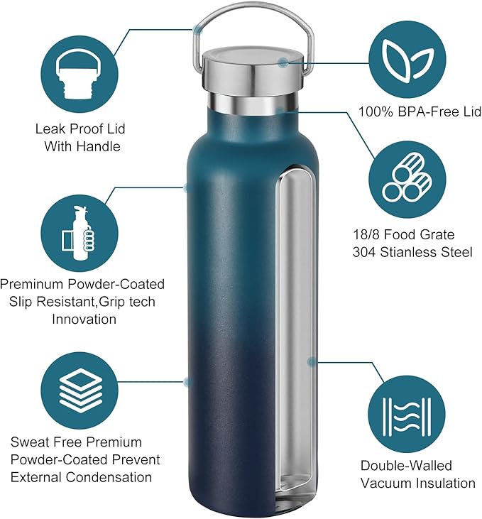 Neihepal Gradient Stainless Steel Water Bottles,20 Ounce Vacuum Insulated Double Wall Travel Bottle with Leak Proof Lid of Handle,Metal Reusable Standard Mouth Flask Thermoses for School,Hikers,Gift