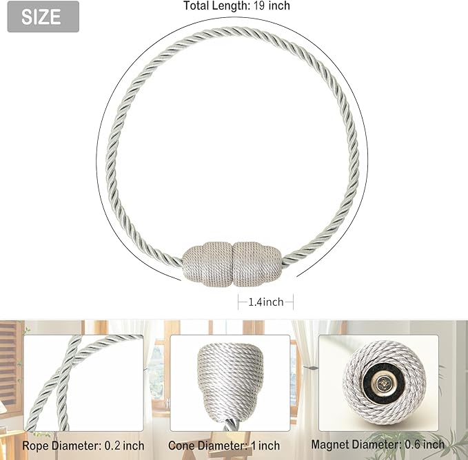Magnetic Curtain Tiebacks Rope Curtain Tie Backs for Curtains 6 Pack Curtain Holders for Drapes Decorative Window Curtain Holdbacks, Grey
