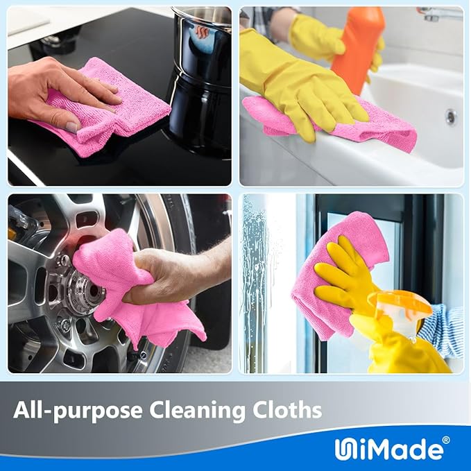 Microfiber Cleaning Cloth, 100 Sheets Microfiber Towels for Cars Commercial Grade Shop Towel Washcloths Lint-Free Bulk Cleaning Rags for Mechanic Restaurant Garage Housekeeping, 11"x 9", Pink