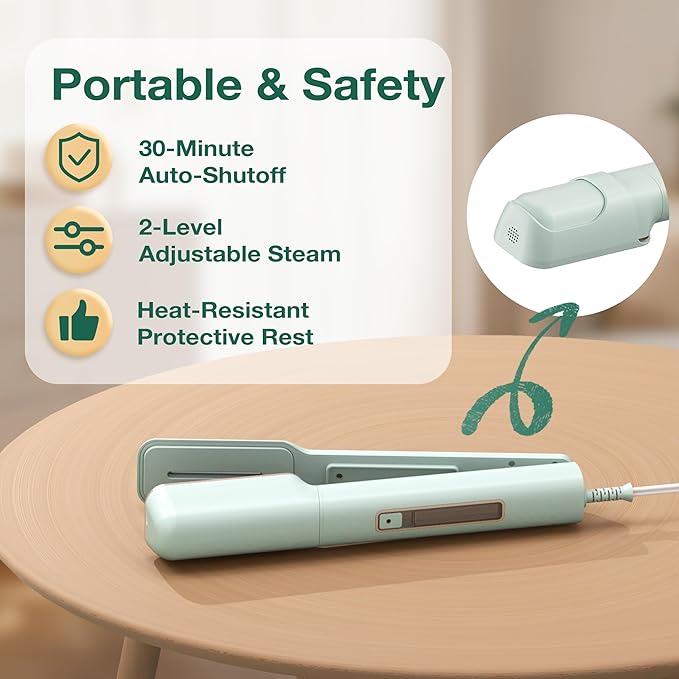 Newbealer 3in1 Clamp Travel Steam Iron with Global Voltage, 100-240V Clothes Steamer, Dry Ironing & 2 Steam Levels, Non-Stick Ceramic Soleplate, Auto-off, Self Cleaning, w/Detachable Clamp (Green)