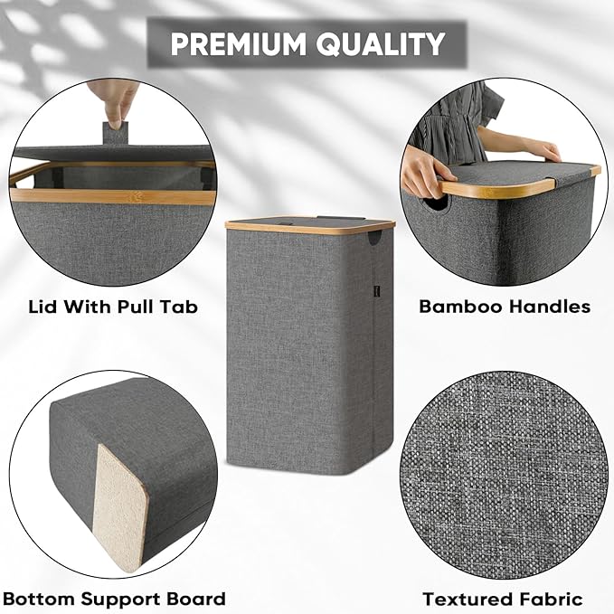 BALEINE Laundry Hamper with Lid, Tall Laundry Baskets with Bamboo Pull Handles, Large Laundry Bin with Internal Support (18 Gal/70L, Black)