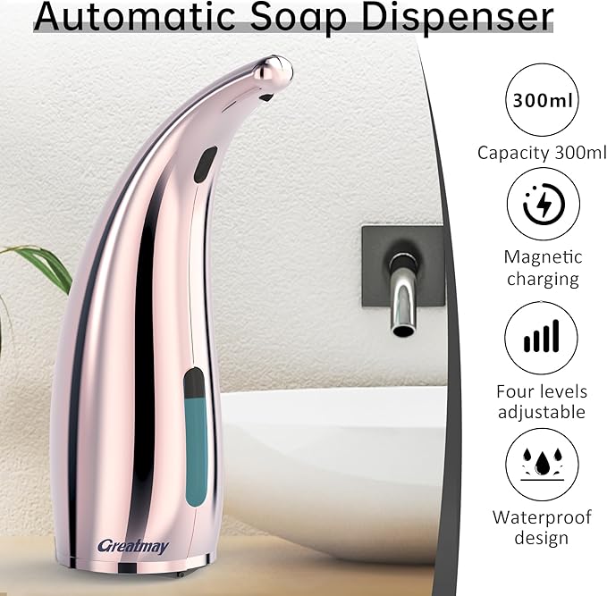 Adjustable Automatic Soap Dispenser Touchless, 4 Adjustable Levels Touchless Sensor Liquid Soap Pump Dispenser，300ml Rechargeable Magnetic Charging Hand Soap Dispenser for Kitchen，Bathroom