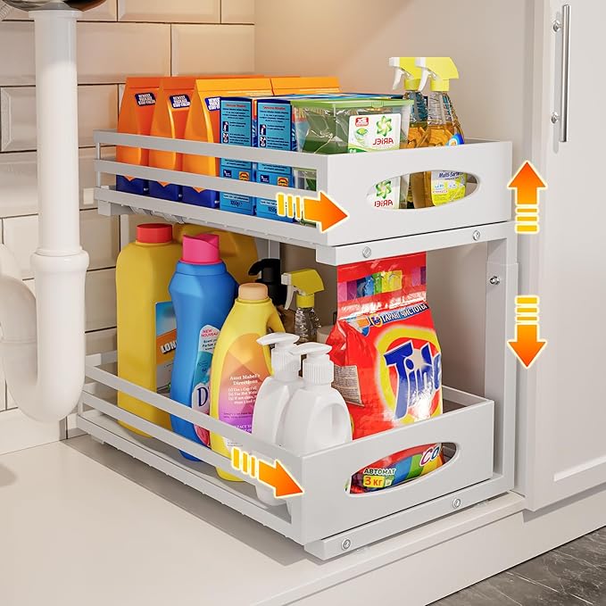 Under Sink Organizer, 2 Tier Under Sink Organizers and Storage, Adjustable Height, Slide Out Metal Cabinet Organizers, Pull Out Cabinet Storage Drawer Shelf for Kitchen Bathroom White, 1 Pack