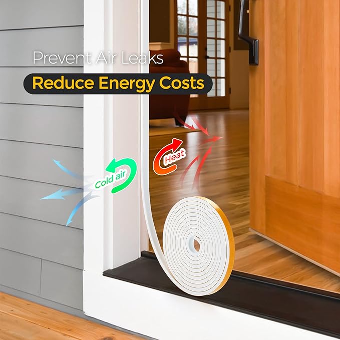 10 Feet Weather Stripping Door Seal, 1" Wide X 1/16" Thick Door Seal Strip High Density Foam Tape Adhesive Strip for Door Soundproofing,Window Insulation (1" x 1/16" x 10FT,White)