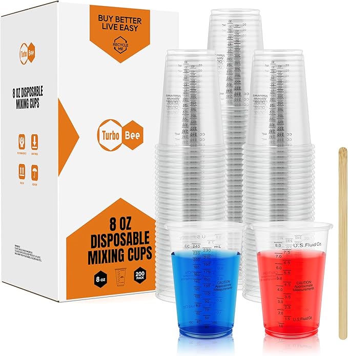 Plastic Measuring Cups 8OZ,200 PACK Disposable Mixing Cups with 200 Mixing Sticks,Paint Graduated Measuring Tumblers for Epoxy Resin, Paint Mixing, Art DIY