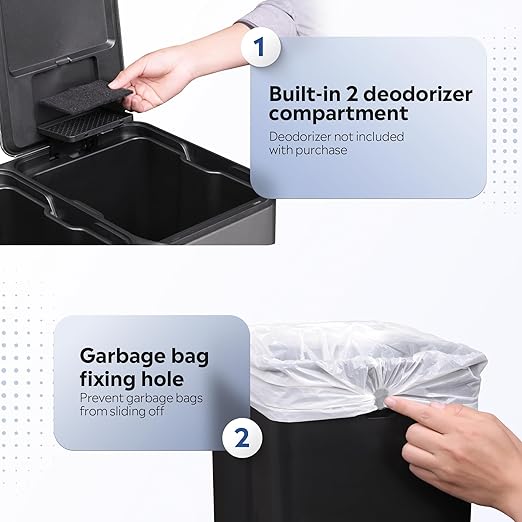 WLIVE 2 x 8 Gallon / 2 x 30 Liter Dual Trash Can, Stainless Steel Double Compartment Classified Kitchen Trash Can, with Plastic Inner Buckets, Handles, Soft-Close Lid, Deodorizing Filter Box, Silver.