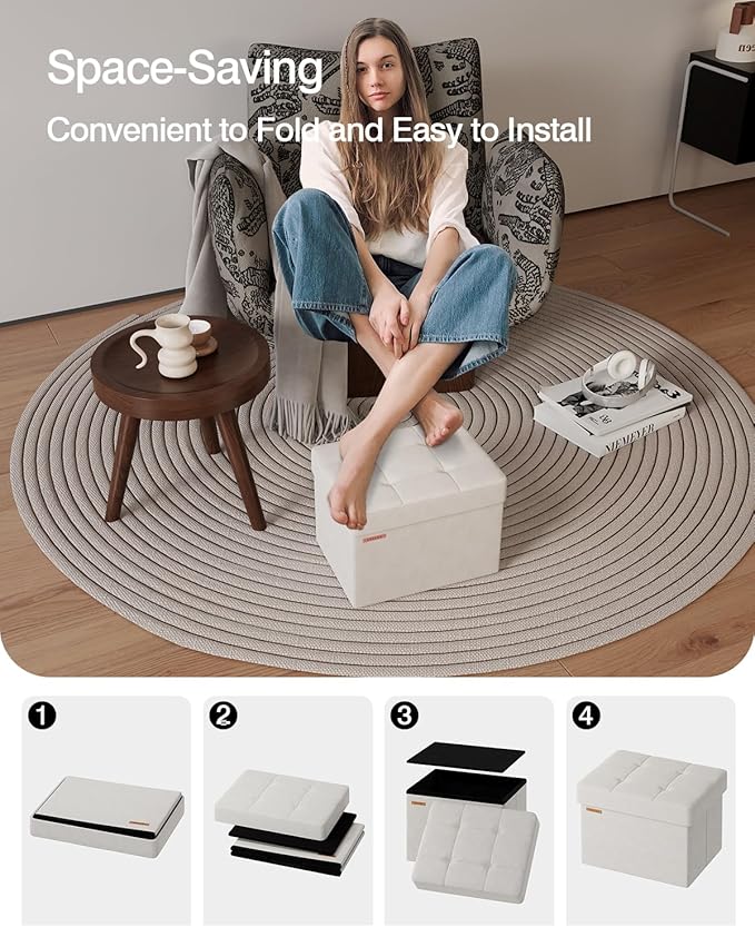 Folding Storage Ottoman, Velvet Storage Bench, Footrest, End Stool, Foot Stool,for Living Room, Bedroom and Office,12.2 x 16.1 x 12.2 Inches, 300 kg Load Capacity,Cream White, UASND03W