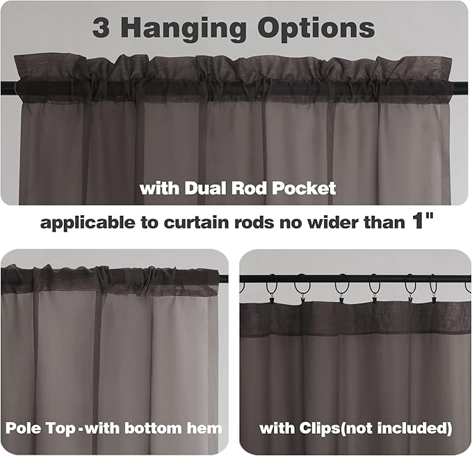 Chyhomenyc Sheer Curtains 63 Inch Length 2 Panels, Light Filtering Rod Pocket Window Sheer Curtain Drapes for Bedroom Living Room, 42Wx63L, 2 Panels, Chocolate Brown