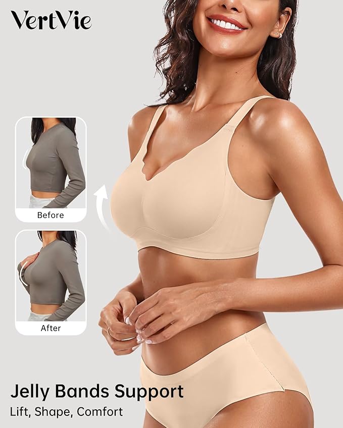 Vertvie Womens Seamless Bras No Underwire Supportive Wireless Push Up Full Coverage Bralette Comfort Scalloped T-Shirt Bra