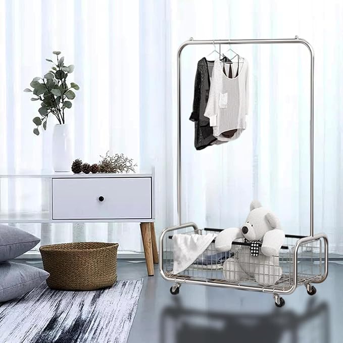 Garment Rack With Storage Baskets,Clothing Rack for Hanging Clothes, Multi-functional Bedroom Clothes Rack with Wheels for Bedroom, Living Room, Easy Assembly (40inch lenght)