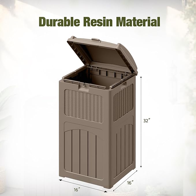 Devoko 33 Gallon Outdoor Trash Can with Dual Lid, Heavy Duty Waterproof Resin Garbage Bins Outside, Hideaway Waste Bins for Patio, Outside Pool, Backyard and Deck (2, Brown)