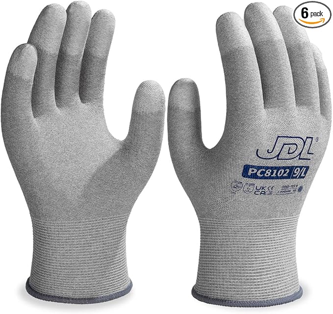 JDL ESD Work Gloves, Anti-Static Gloves for PC Building, 6 pairs, Computer Installation & Repair, High Resistance Carbon Fiber Gloves, Medium
