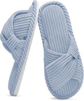 Evshine Summer House Slippers for Women Corduroy Cross Bow Indoor Slippers Open Toe Slip On Bedroom Shoes with Memory Foam