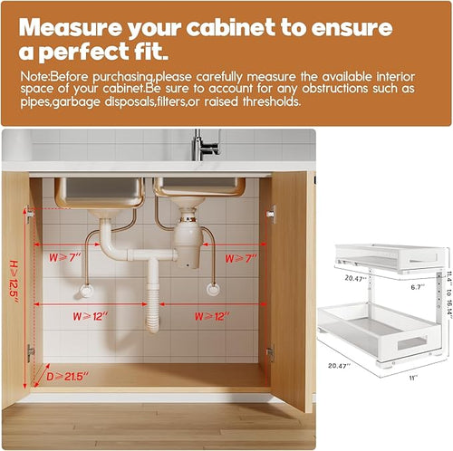 1 Pack 20.47IN Depth Under Sink Storage Organizer, Large 2-Tier Elegant Mesh Pull Out Shelf for Kitchen and Bathroom Cabinet Organization, L-Shaped and Adjustable Height Design-White