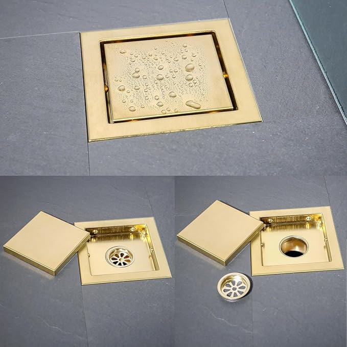 RANDOM Brushed Gold Shower Drain Square with Adjustable Base Flange,SUS304 Stainless Steel 6 inch Floor Drain Kit with Tile Insert Flat Shower Drain Cover & Threaded Adapter.98728BG-S