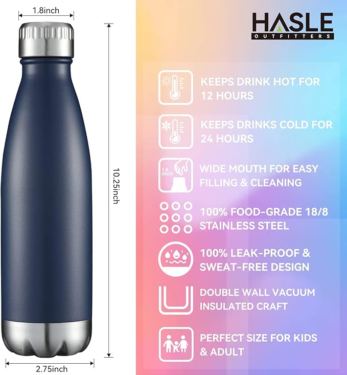 HASLE OUTFITTERS 17oz Stainless Steel Water Bottles Bulk, Vacuum Insulated Water Bottles Double Walled Powder Coated Reusable Metal Sports Water Bottles Keep Drinks Hot and Cold, Navy, 8Packs