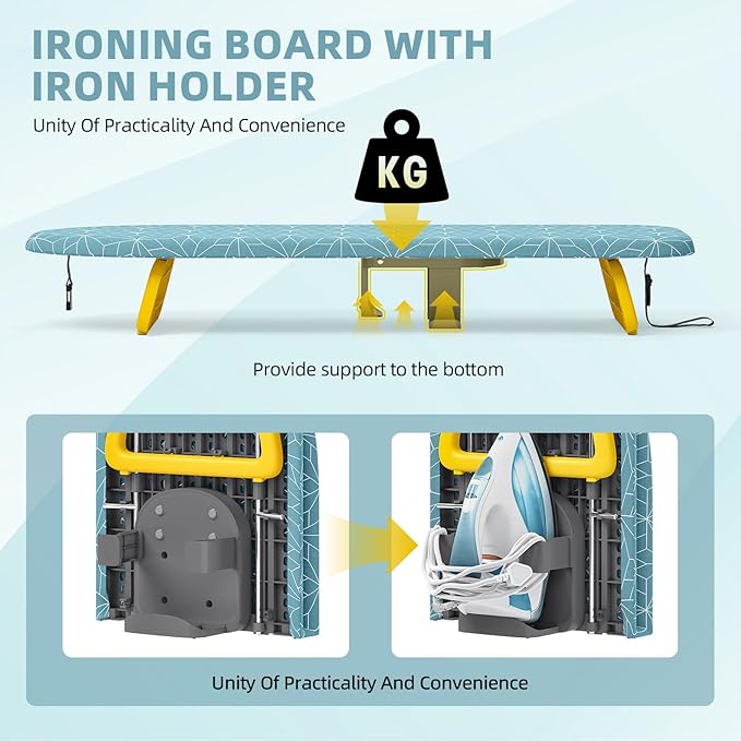 Small Ironing Board Tabletop, Foldable mini Ironing Board, Table top Ironing Boards Small, Compact Portable Ironing Boards with Iron Holder & Hanging Rope, Iron Table Stand 32x12, Light Blue