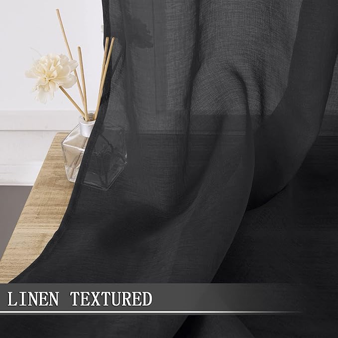 Tollpiz Short Sheer Curtain Linen Textured Bedroom Curtains Sheer Light Filtering Rod Pocket Voile Curtain for Living Room, 54 x 54 inches Long, Black, Set of 2 Panels