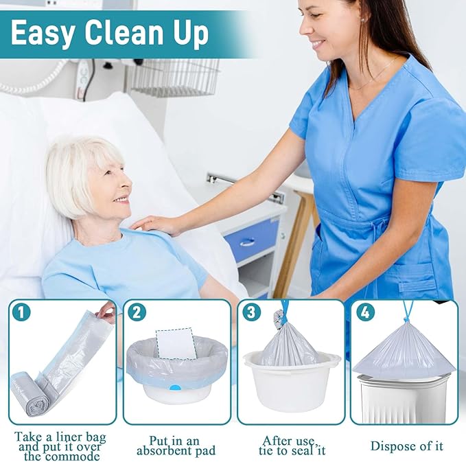 Commode Liners with Absorbent Pads- 50 Commode Bags+ 50 Commode Pads, Extra Thicken Commode Toilet Liners Universal Fit Bedside Commode, Portable Toilet, Chair Bucket, Bedpan